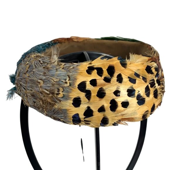 Vibrant Multicolor Pheasant Peacock Feathered Halo Wreath Band Church Derby Hat - Picture 3 of 10